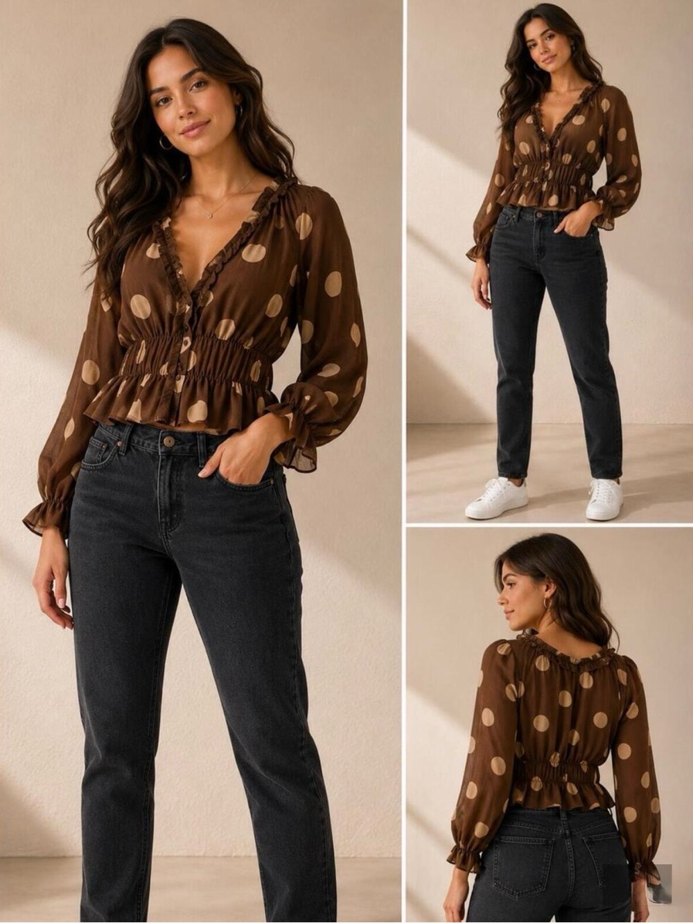 Parker Women’s Brown Sheer Peplum Top with Long Sleeves Ruffles Polka Dots - M